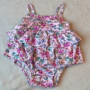 Posh Peanut Pink Floral Ruffle Romper with Teal Accents